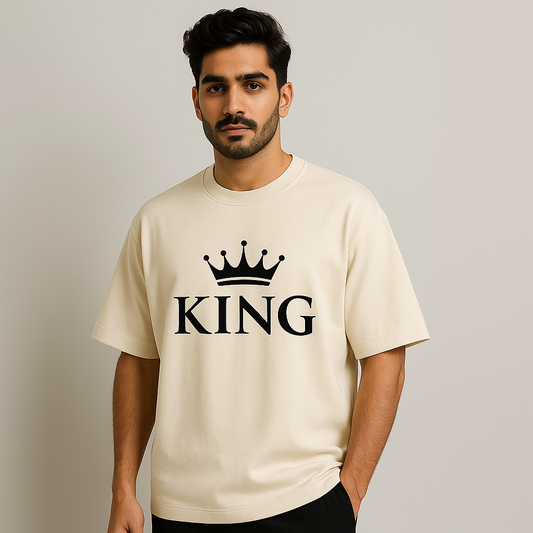 South Asian model wearing KING oversized t-shirt in cream beige – Lokal Drip streetwear
