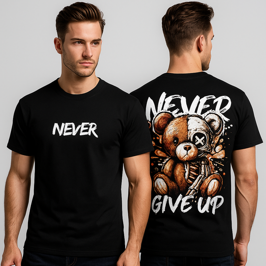 Model wearing NEVER GIVE UP oversized black t-shirt by Lokal Drip – backprint visible

